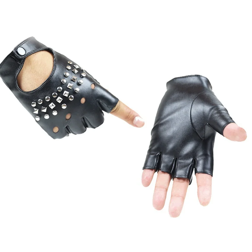 Guantes de cuero PU con remaches para hombres y mujeres, guantes de medio dedo, guantes Punk, guantes de baile, guantes de rendimiento para club