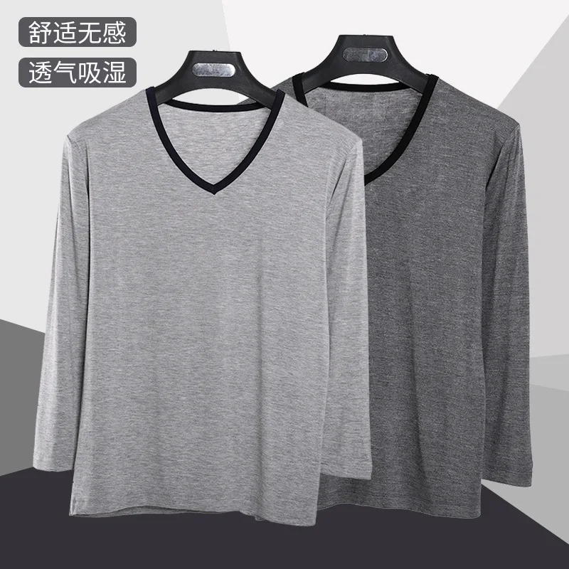 New spring and summer men\'s long sleeved pajamas Modal V-neck hemmed long sleeved T-shirt sports casual home wear shirt mens