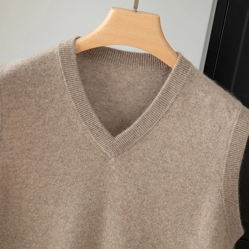 Light Luxury 100% Cashmere Men's V-neck Sleeveless Vest,Knitted Shoulder, Autumn  Winter High-end Business Middle-aged Sweater