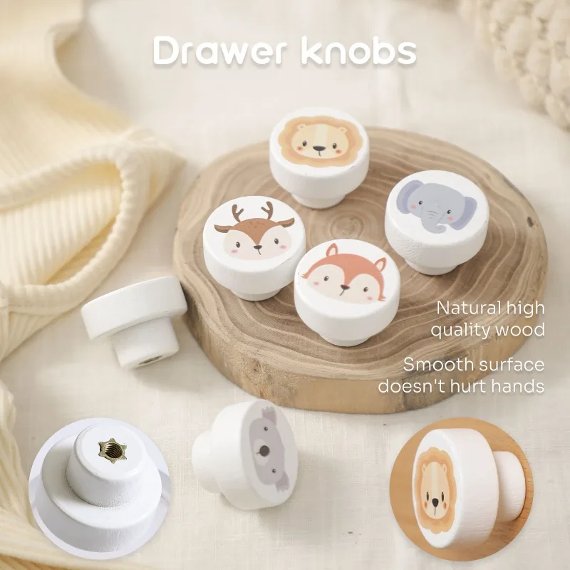 A set of wooden Nordic style cute rainbow animal shaped circular drawer knobs, multifunctional furniture drawer handle knobs