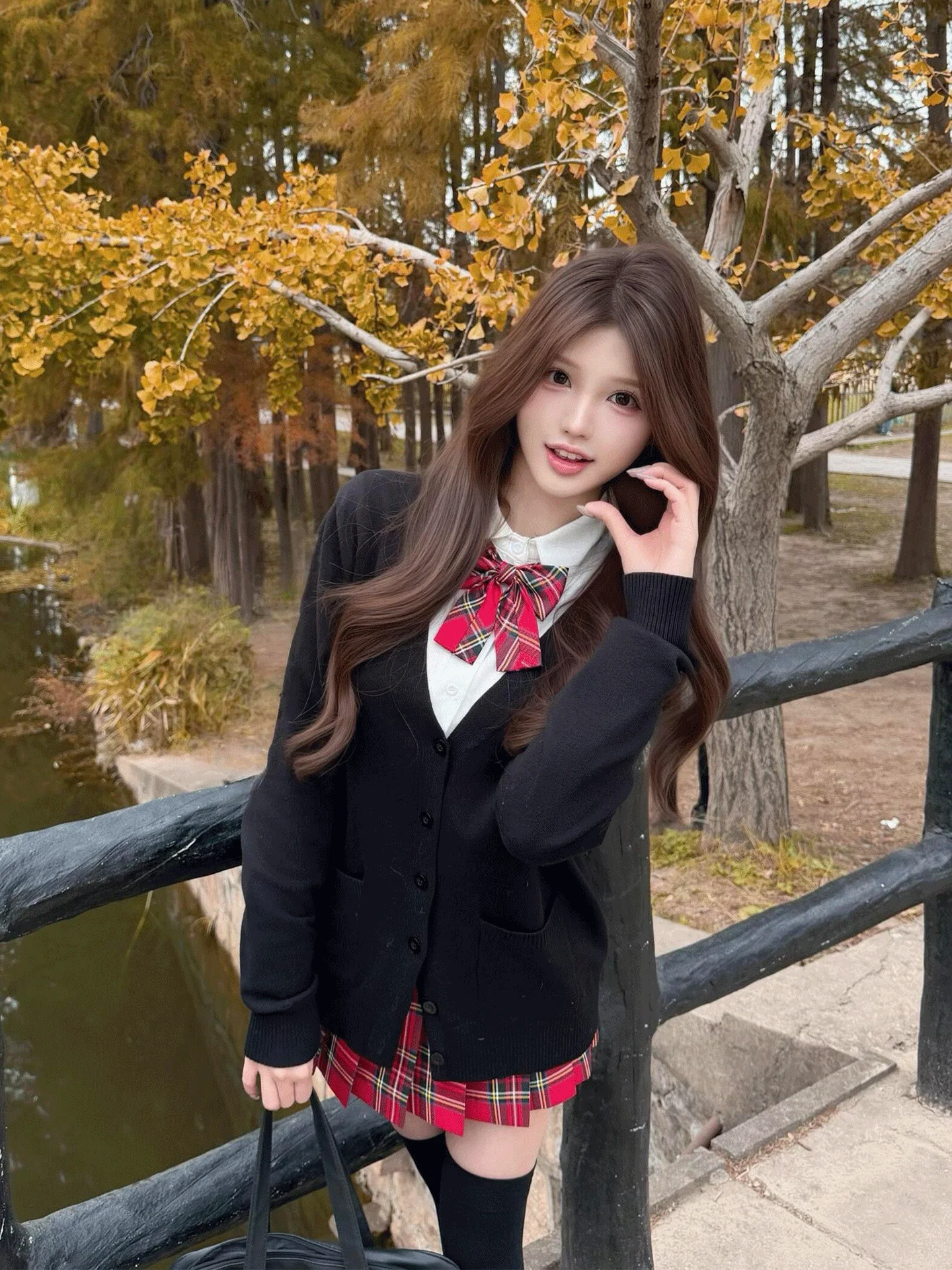 

Original Small Pepper JK orm Skirt Pleated Knitted Women's Faion Set High Waist Button up Sweater Autumn Leisure Outfit