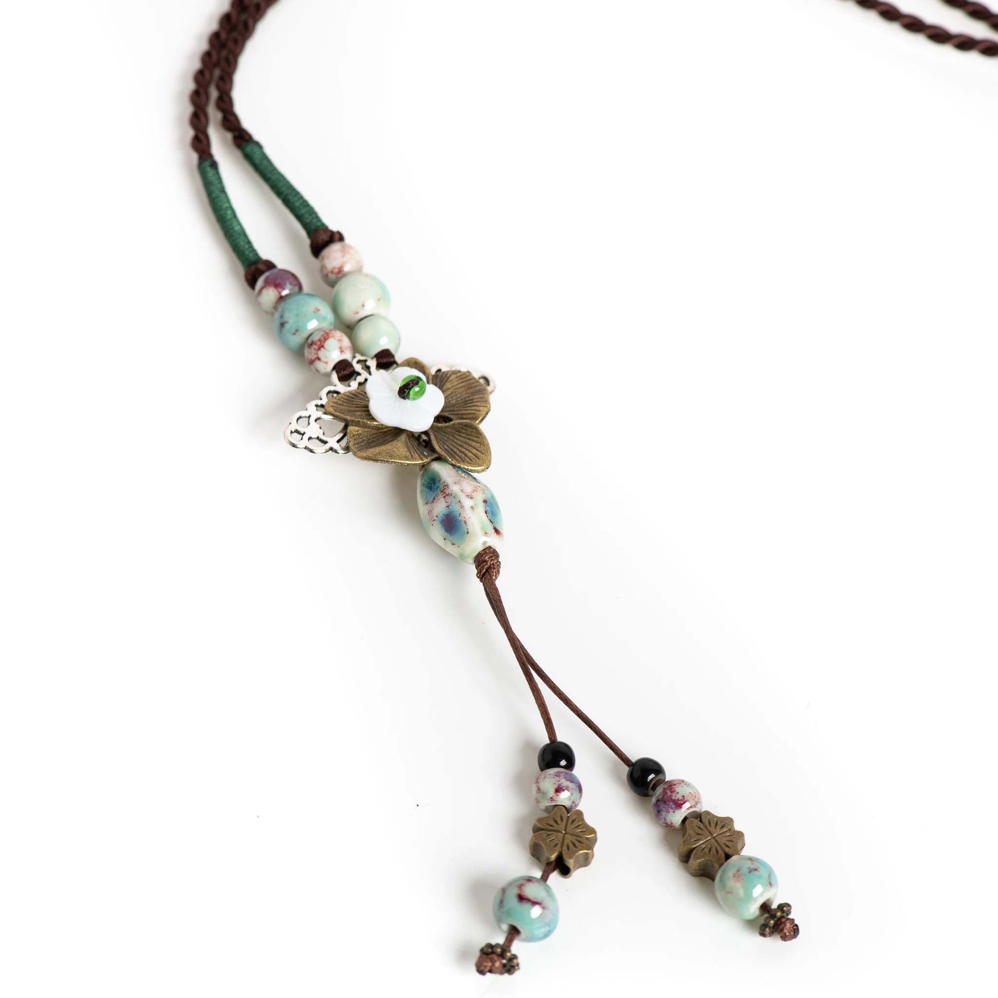 Handmade Ceramic Pendant Necklace for Women Boho Vintage Long Necklace Adjustable Ethnic Style Jewelry