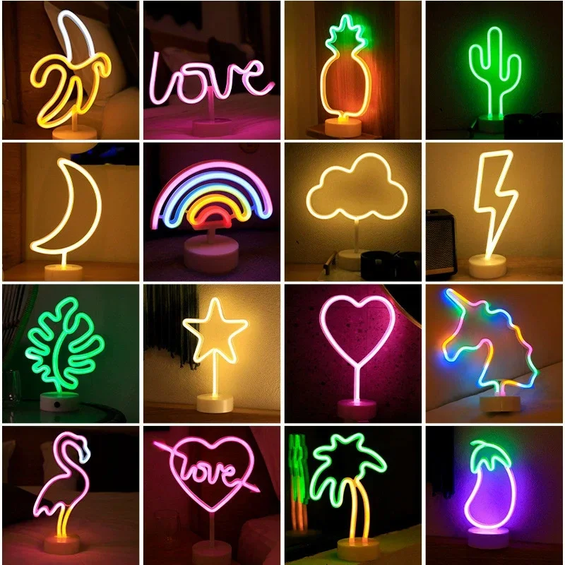 Letrero de luz nocturna de neón LED con batería/USB, flamenco, árbol de coco, Cactus, lámpara de mesa, regalos de cumpleaños para niños, decoración artística de Navidad para dormitorio