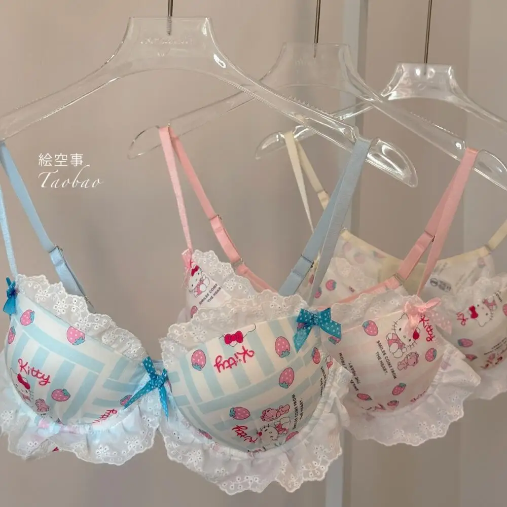 

2Pcs Girls Underwear Set Y2K Hello Kitty Sanrio Women Anime Kawaii Cotton Small Breasts Thin Bra Underpants Cartoon Student