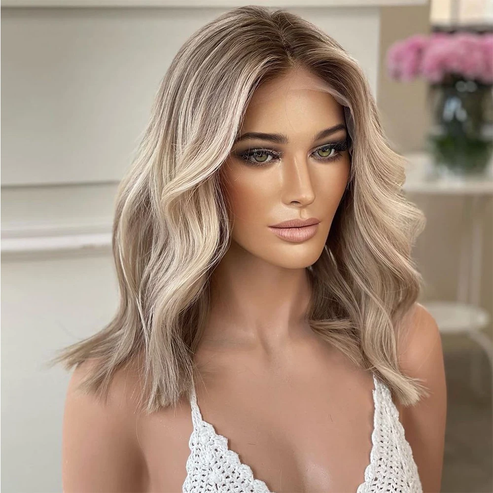 

Ash Blonde Ombre Highlight Wavy Wig Short Shoulder Length 14 Inch with Ash Brown Roots Bob Style Hair Wig for Women Daily Use