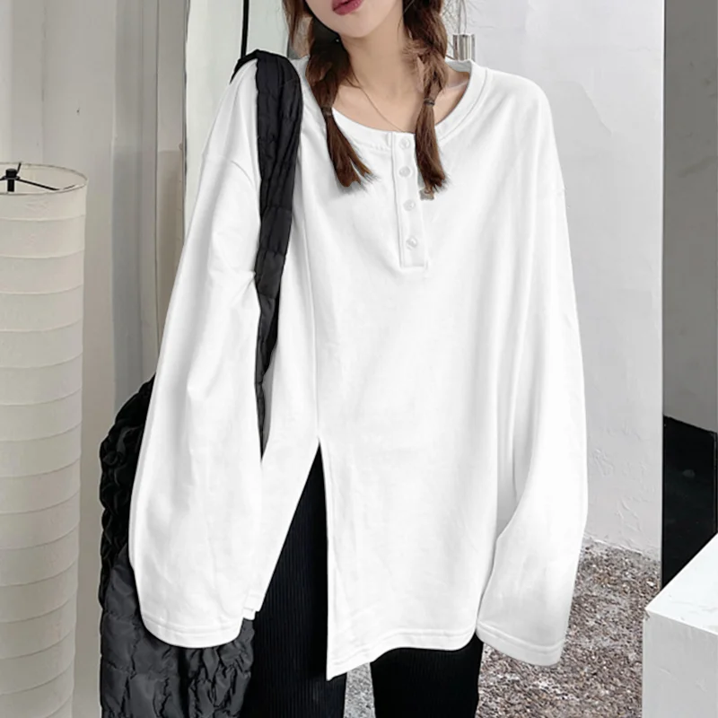 New Women Irregular Split Hem Long Sleeve Tee Henley Button Loose Lazy Top Plus Size Casual Spring Autumn Ins Streetwear T Shirt