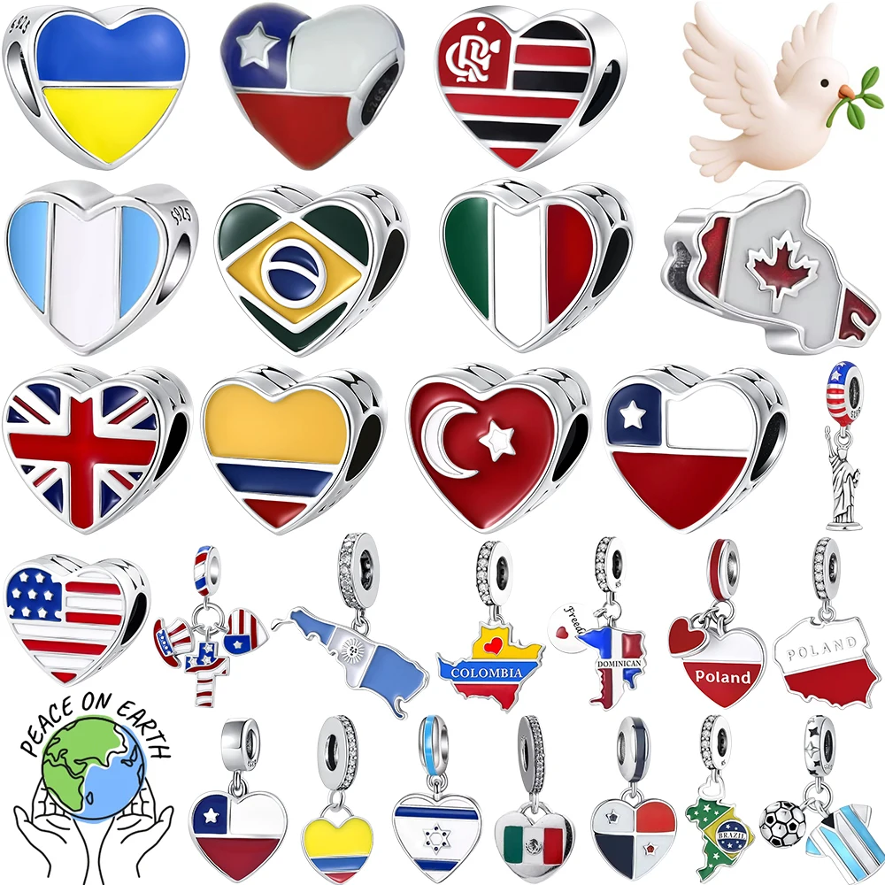 

New 925 silver Ukraine Colombia South Africa Guatemala Barbados Flag Pendant Fit Original Bracelets DIY jewelry Accessories