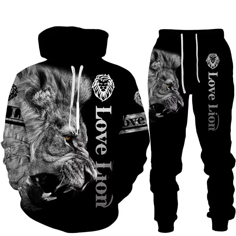 Winter Autumn Wolf Animal Pattern 3D Printed Sweatpants and Hoodie Set Tracksuit Men Clothing Suit Oversize Streetwear Sportwear