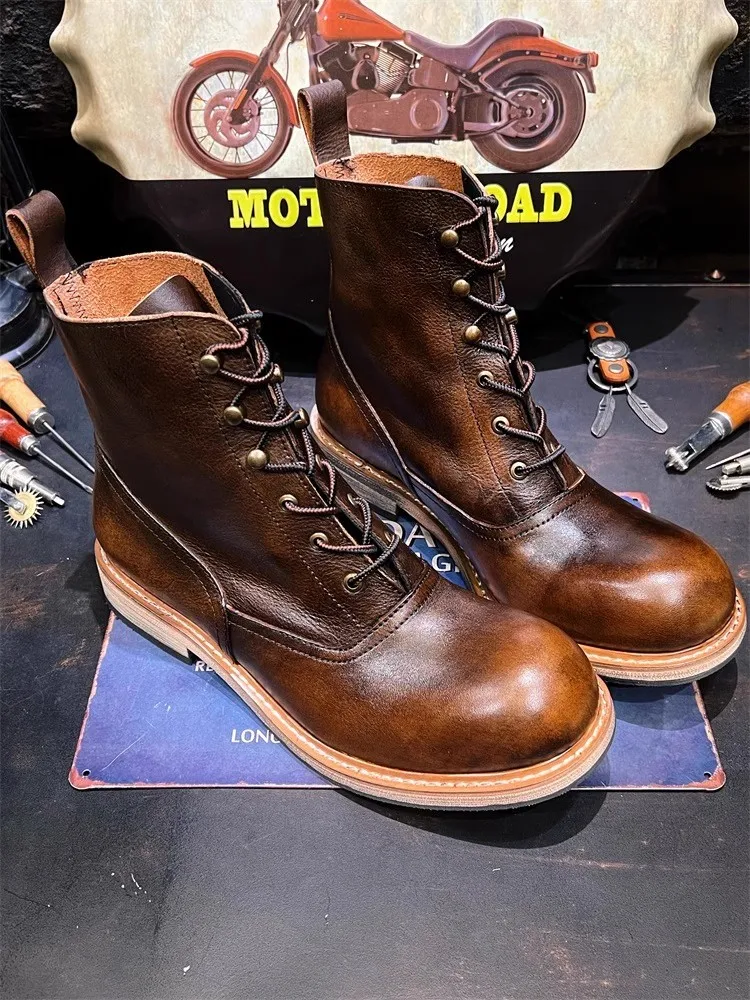 Genuine Leather Handmade Motorcycle Short Boots Mens Red Wine Lace Up Round Toe Vintage High Top Shoes Autumn Equestrian Boots