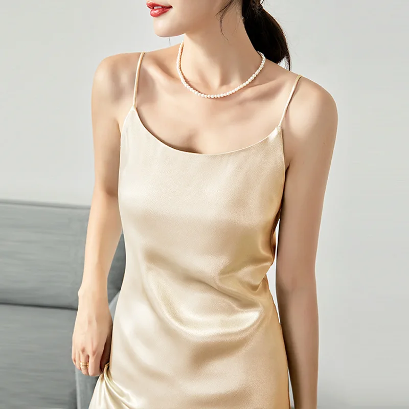 Women Summer Highquality Imitation Silk Slip Dress Acetate Satin Slim Long Style Celebrity Temperament Luxurious Sexy Trendy