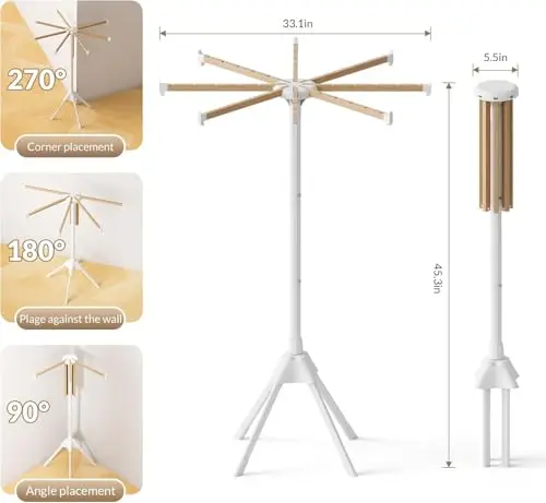 Adjustable 8-Arm Wooden Laundry Drying Rack Foldable Tripod Design For Indoor Outdoor Use In Bedroom Bathroom Balcony