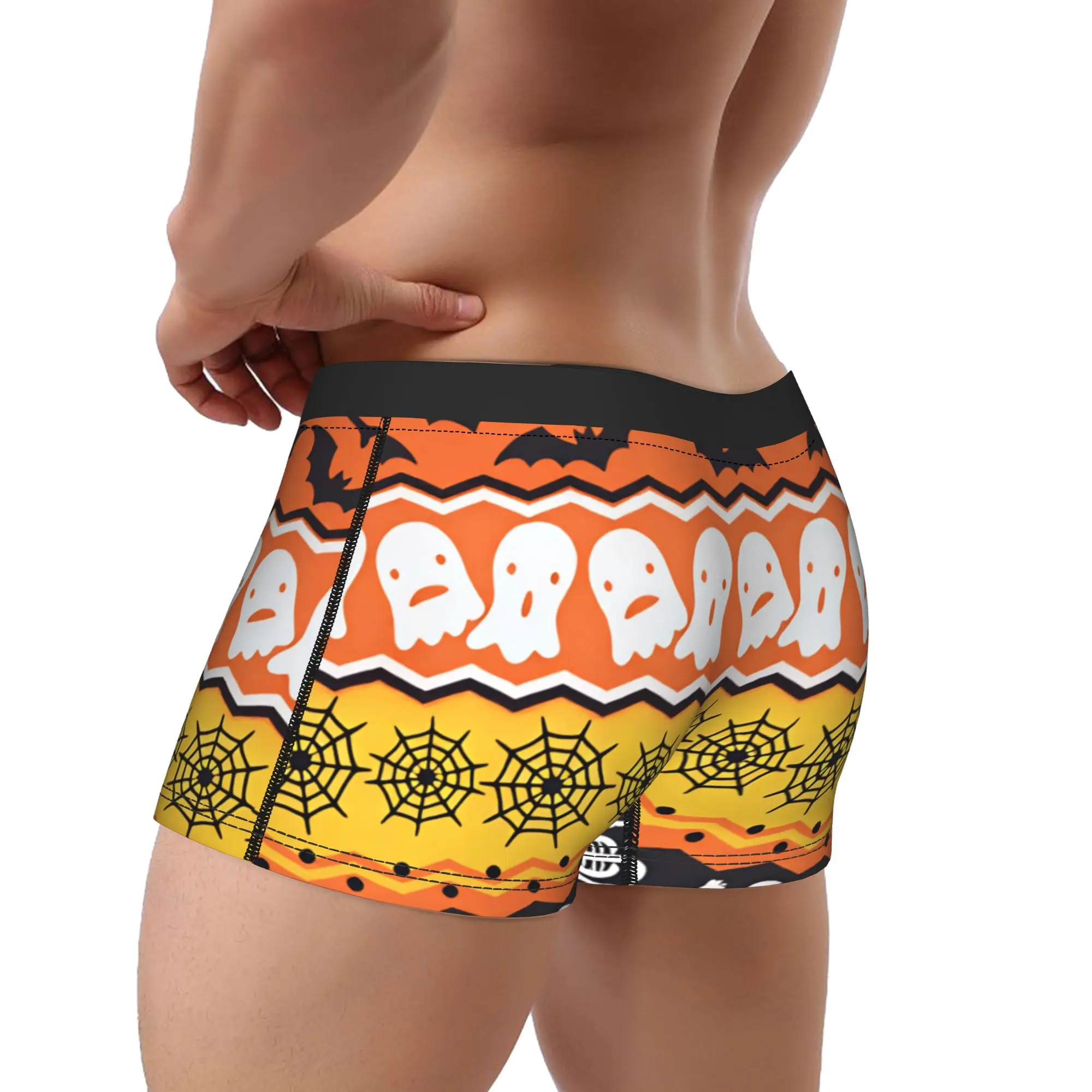 Halloween Skeleton Ghost Pumpkin Bat Spider Striped Border Seamless Pattern Underwear Boxer Shorts High Quality Underpants