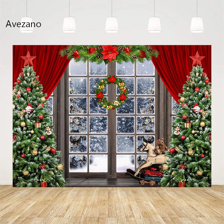 

Christmas Tree Backdrops for Photography Window Wreath Trojan Horse Bear Kids Portrait Decor Background Photo Studio Photoshoot