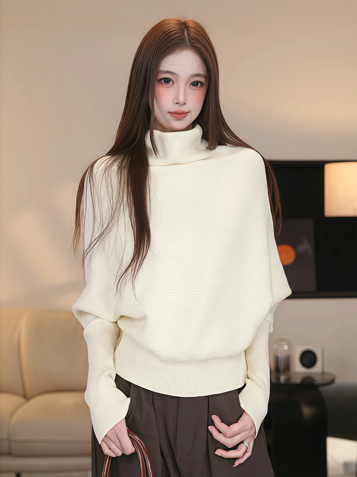 

Korean Lazy Style Half High Collar Long Sleeve Knitted Sweater Women's Autumn Spring Loose Slimming Casual Versatile Top