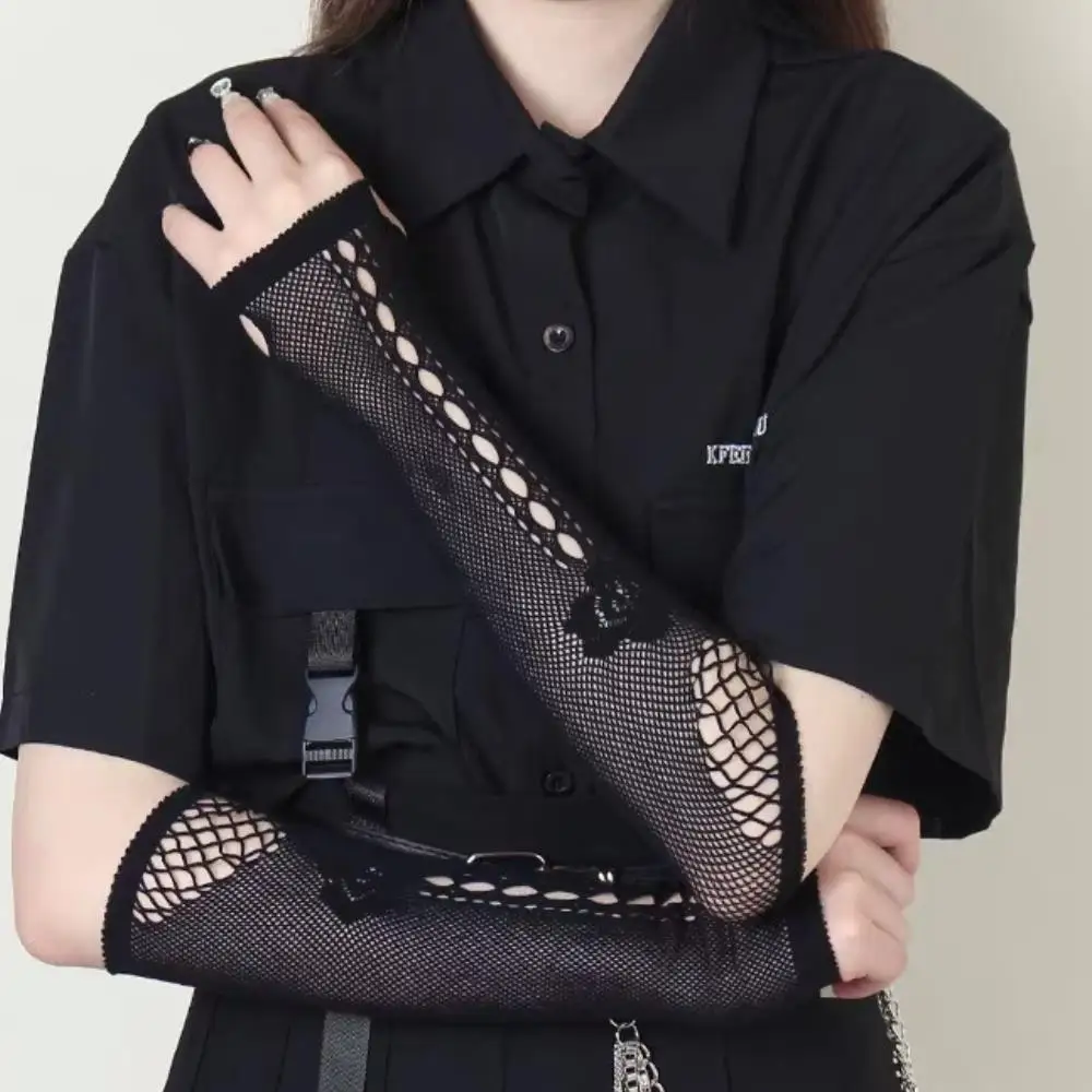 Punk Sexy Spitze Fingerlose Handschuhe Schwarz Gothic DIY Ärmeln Mesh Fishnet Bowknot Schwarze Handschuhe Y2K Cosplay Fingerlose Fäustlinge JK