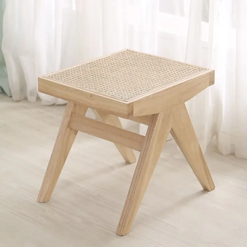 Real rattan wood stool bedroom bench  can sit Nordic vintage do old solid wood chair for changing shoes chair furniture