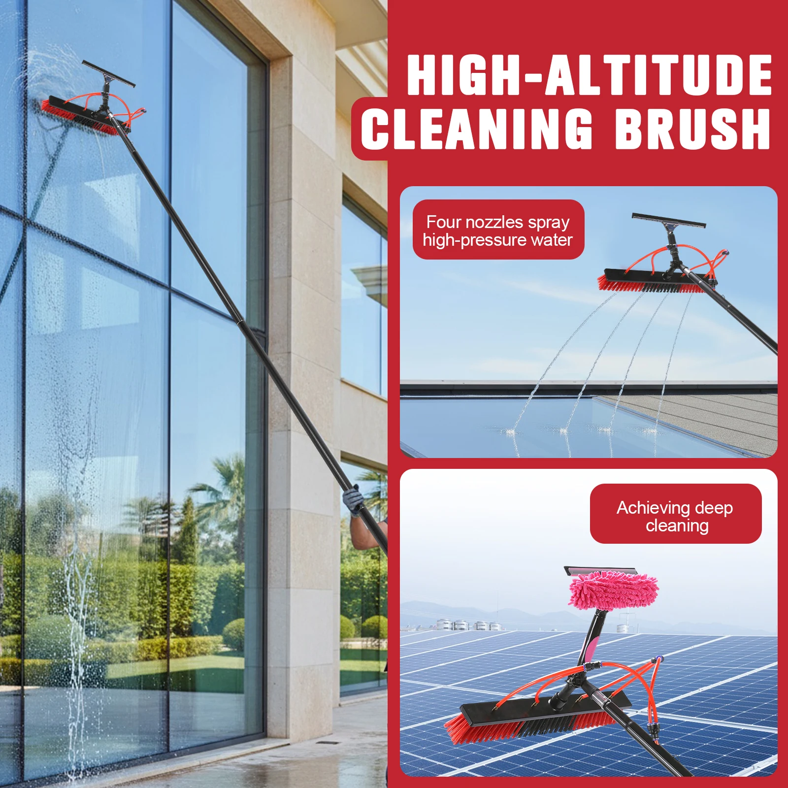 

Water Fed Pole Brush Kit Height Adjustable High-Altitude Cleaning Brush with 180° Rotating Brushhead for Solar Panel Roof Car
