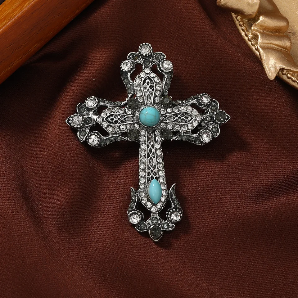 Vintage Middle Design Cross Full Crystal Brooches Badges For Women Men Retro Baroque Palace Unisex Suit Office Jewerly Corsages