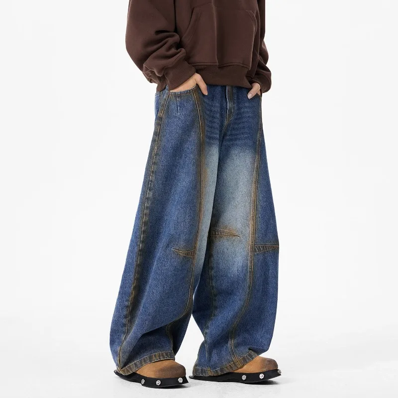 American Style Letter Print Men's Jeans High Street Washed Dirty Blue Denim Long Pants Loose Chic Casual Wide Leg Trousers