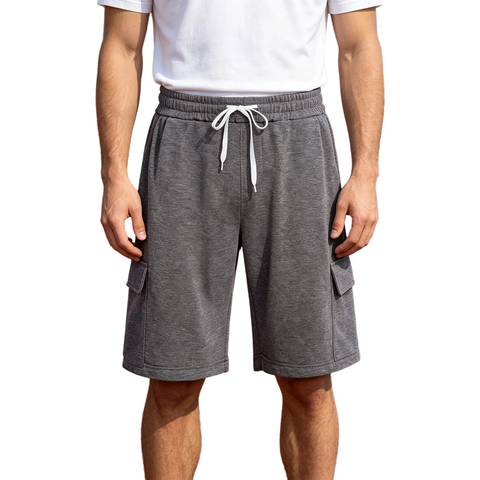 Men Casual Sports Running Cargo Shorts Drawstring Elastic Waistband Loose Shorts with Multi-pocket for Outdoor Activities