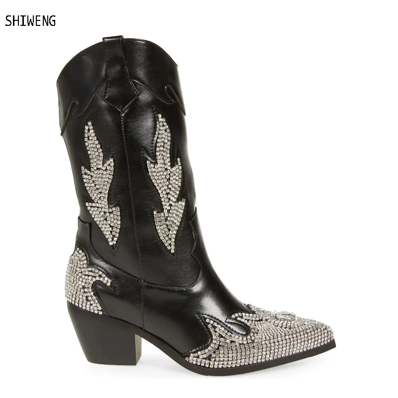 

2024 Fashion Wedge Shoes Women Pointed Toe Rhinestone Western Cowboy Boots Black Female Wide Mid Calf Boots