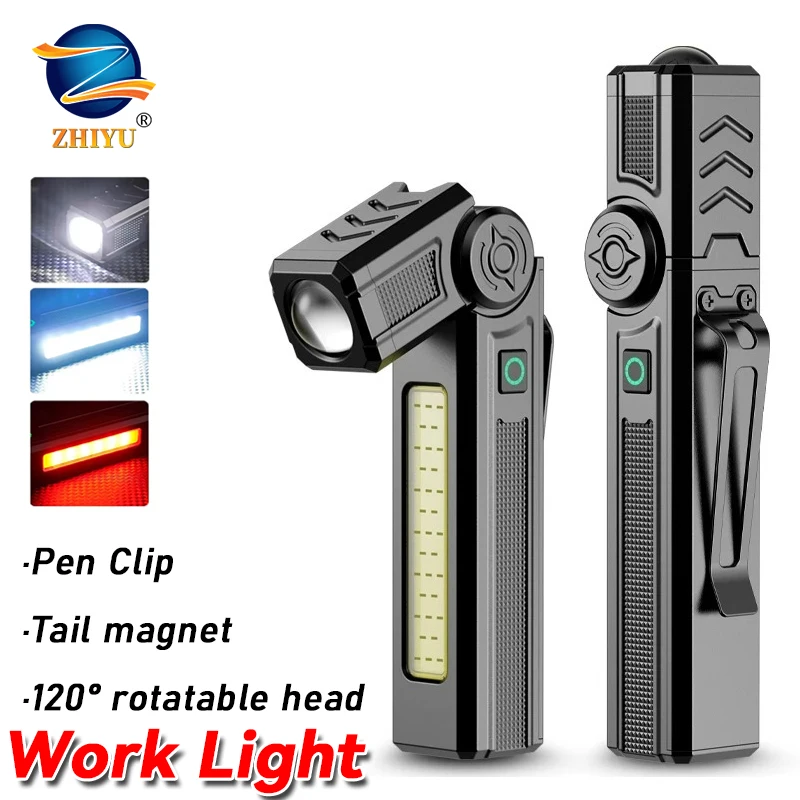 New Portable COB LED Flashlight USB Rechargeable Work Light Magnetic Lanterna Pen Clip Lamp with Built-in Battery Camping Torch