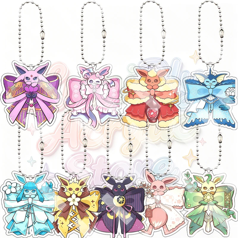 Kawaii Cute Eevee Umbreon Vaporeon Jolteon Leafeon Sylveon Big Bow Style Acrylic Keychain Anime Cartoon Pendant Backpack Charm