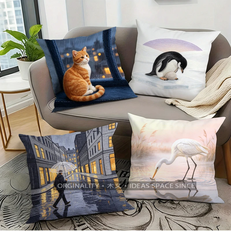 2D Cute Animal & Scenery Pillow Covers Pattern Cushion Cover Suitable for Sofa Bedroom Car Pillow Cover