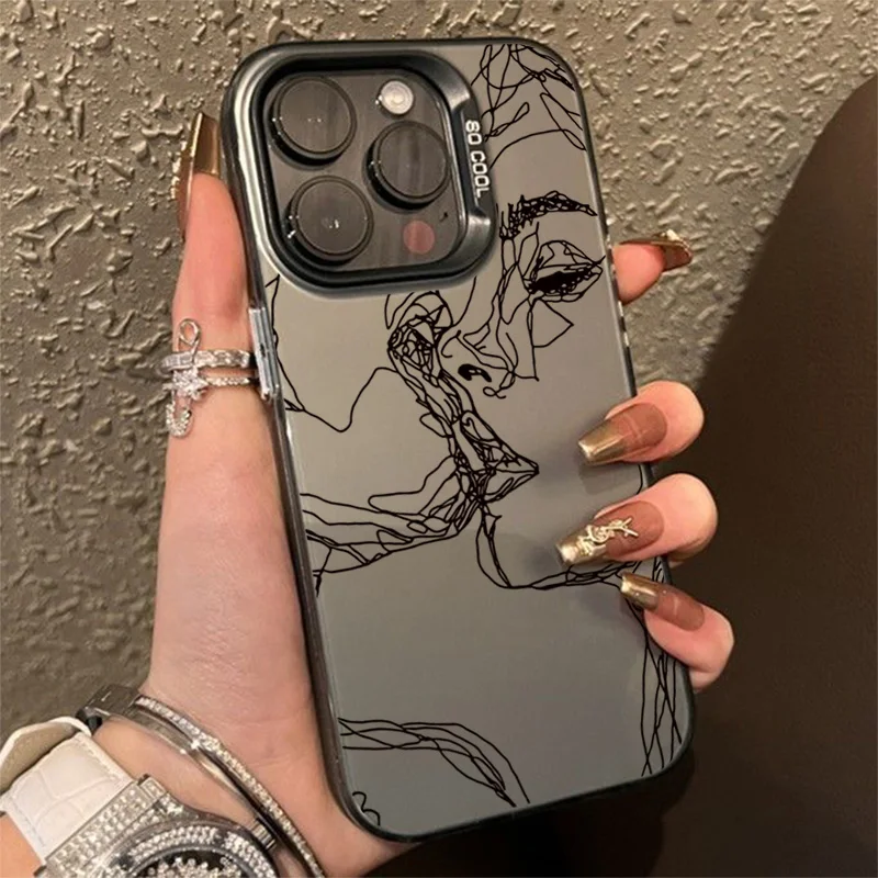 Abstract Line Face Aesthetic Matte Laser Phone Case For iPhone 16 15 14 13 12 11 Pro Max X XS XR 7 8 Plus SE Shockproof Cover