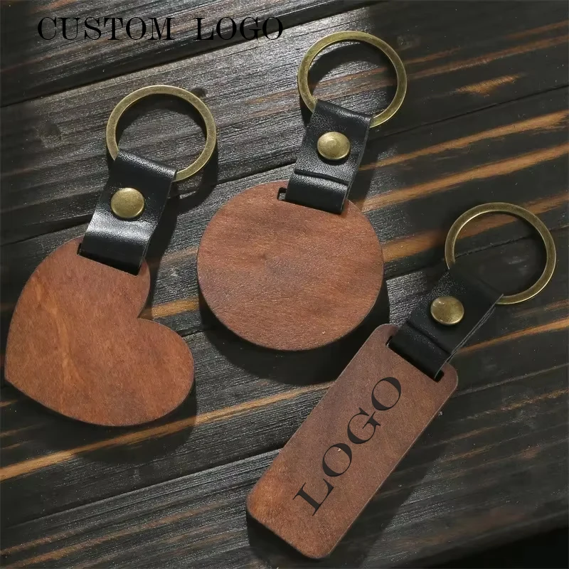 

CUSTOM LOGO Creative Engraving Blank Wood DIY Keychain Spade Wood Key Pendant Metal Keyring Genuine Leather Car Key Chains