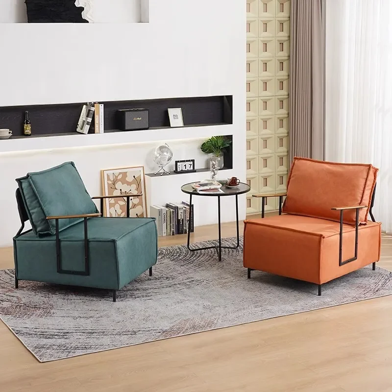 Window plaid cotton and linen, living room single sofa chair for home use, casual wrought iron leg sofa chair, lazy sofa is