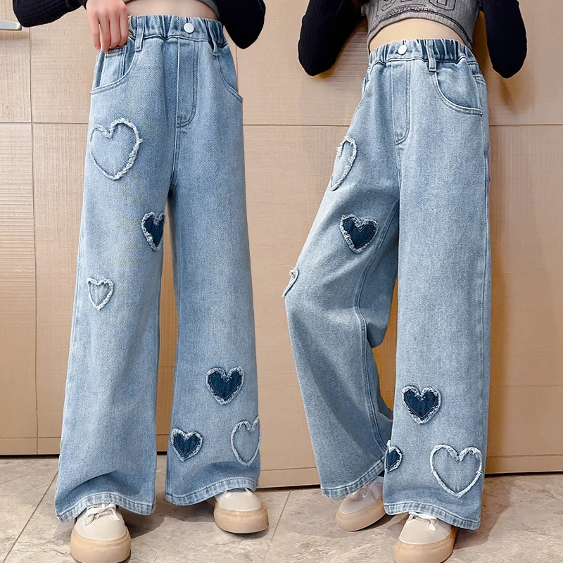 2024 Spring Autumn Girls Love Rough Edges Jean Korean Version Style Kids Middle Waist Cowboy Pants Elastic Waist Long Pants