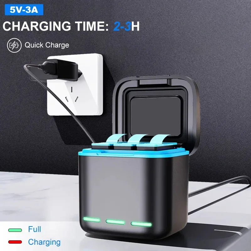 2000mAh Battery for GoPro Hero 12 11 10 9 Motion Camera Rechargeable Li-ion Battery Storage 3 Slot Fast Charger Batteries