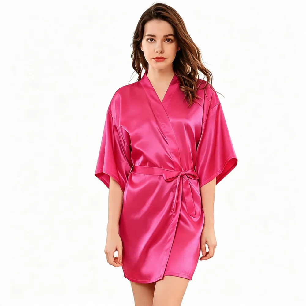 Summer Simulation Silk Women Robe Thin Kimono Sleepwear Breathable Soft Loungewear Solid Color Elegant Bathrobe
