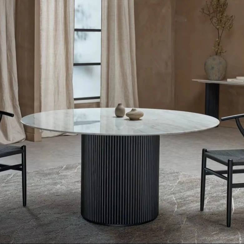 

Contemporary Modern Dining Table with Round Marble Top and Black Base Adjustable Farmhouse Apartment Hotel Furniture
