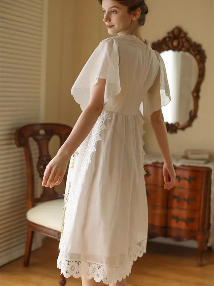 AIGYPTOS Summer Midi White Dress For Women Vintage Elegant Slim Handmade Beading Antique Ribbon Embroidery Limited Edition Dress