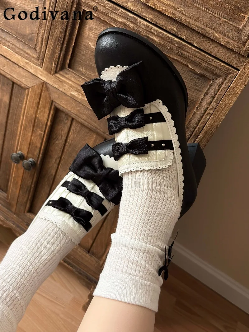 

Vintage Elegant Lady Japanese Original Satin High Heels CLA Style Bow Lolita Round Toe Chunky Heel Mary Jane Shoes