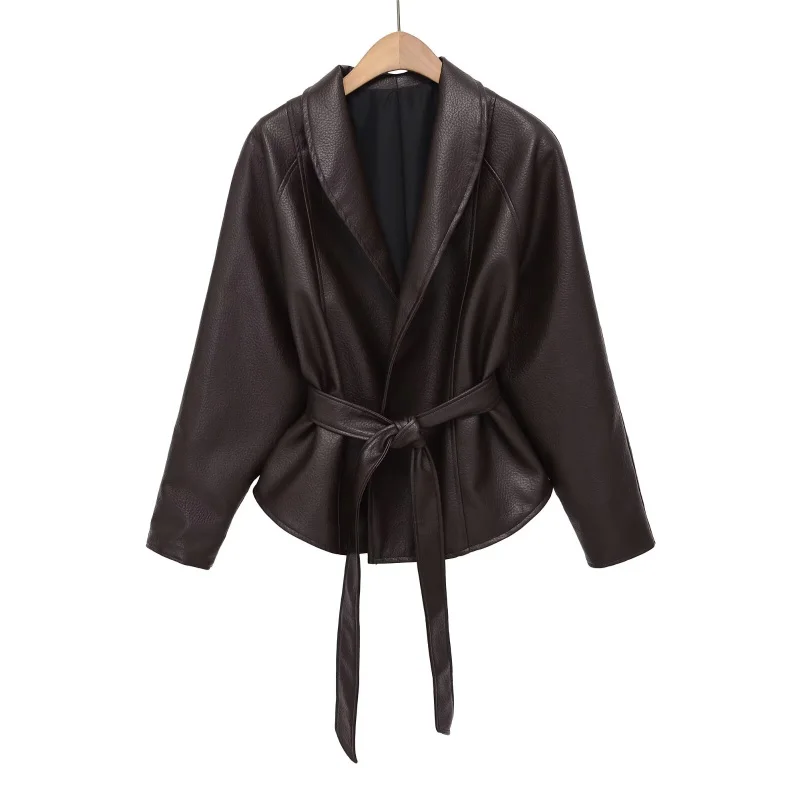 ETJ Damen PU-Leder Vintage Wickeljacke mit Gürtel, hochgeschlossener Kurzmantel, Frühjahr 2026, minimalistische Retro-Urban-Mode-Oberbekleidung – Detail 7