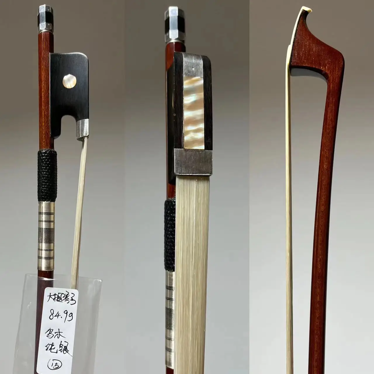 84.9g Old Not Been Used-Fine Quality Pernambuco Cello Bow w/ Silver Wrapping /Mongolia Horse Hair/Silver Mount/Pearls Inlay Frog