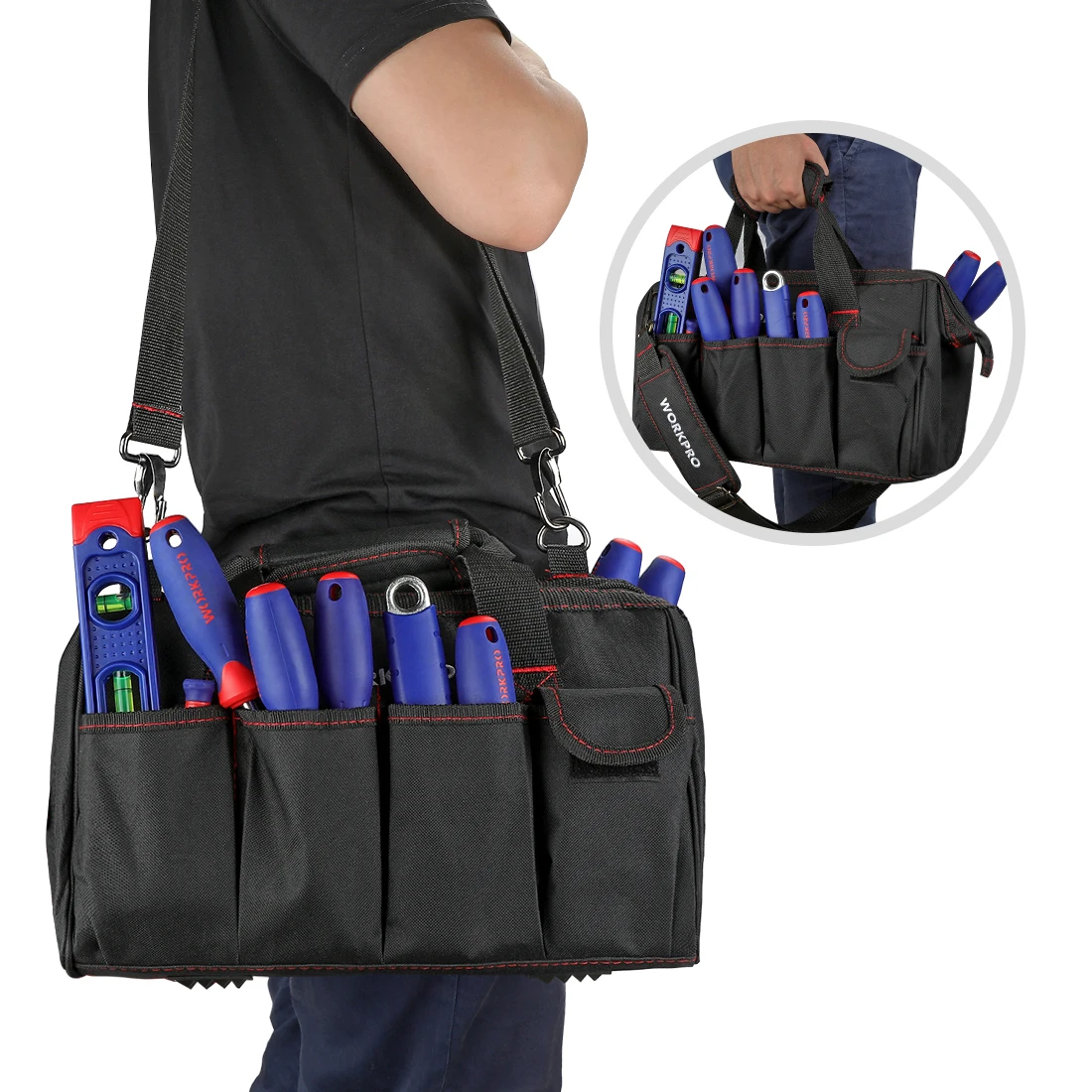 Imagem -05 - Workpro 14 Polegadas Fechar Topo Boca Larga Ferramenta de Armazenamento Bolsa Multi-bolso Ferramenta Organizador com Alça de Ombro Ajustável