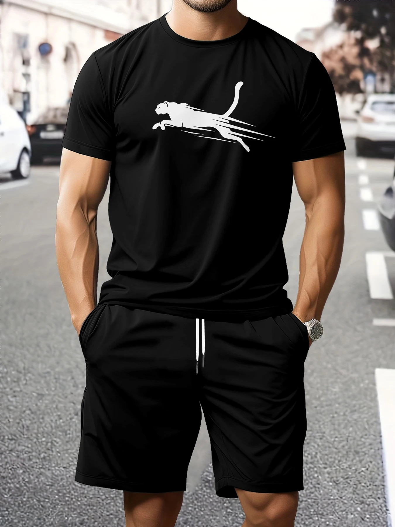 

Trendy Men's Textured Suit T-Shirt with Cheetah Element Pattern, Casual Two-Piece Set for Everyday Wear