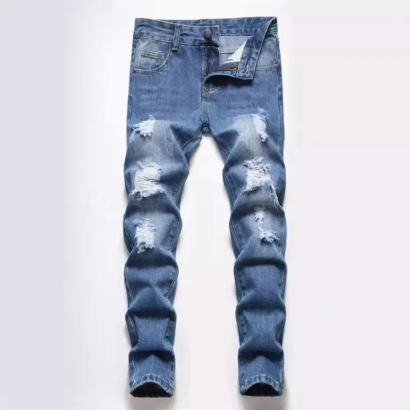 

Джинсы для мальчиков, джинсовые брюки, детские прямые брюки с дырками, уличная одежда 2025 года, потертые брюки со средней талией и карманами, рваные брюки для больших детей