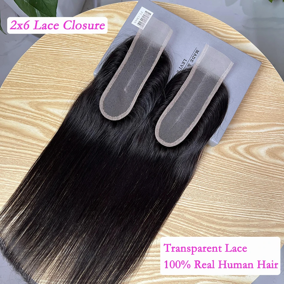 Straight 2x6 Closure Transparent Lace Swiss Lace Middle Part Preplucked Bleached Knots Natural Color 100% Human Hair For Women