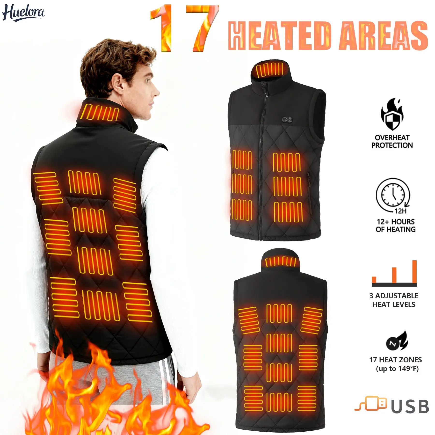USB Electric Heated Vest 17 Heating Zones 12H Working Time Thermal Heated Waistcoat 3 Temp Setting Winter Warm Vest for Outdoor