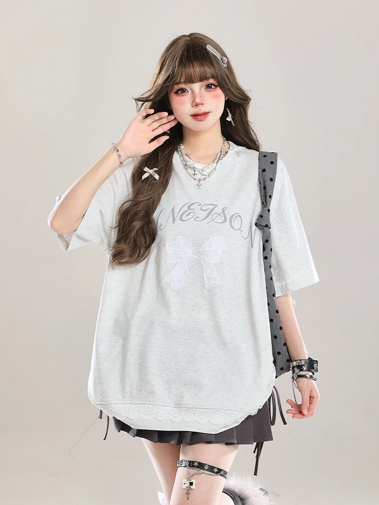 Sweet Cool  Knot Embroidered Patchwork Short Sleeve T-Shirt Women's Summer New Unique Casual Loose Half Sleeve