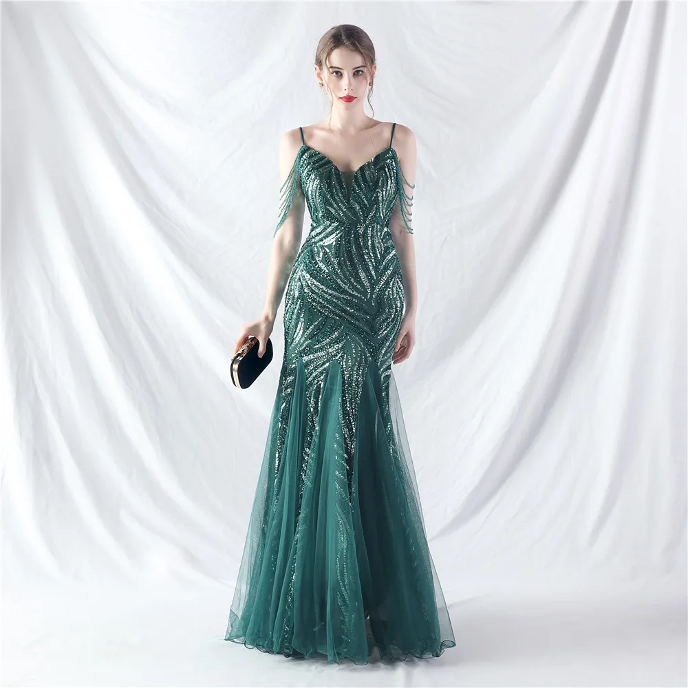 DEERVEADO Luxury Beading Evening Dress Elegant Wedding Party Dresses Woman Mermaid Sequins Dress for Formal Occasion