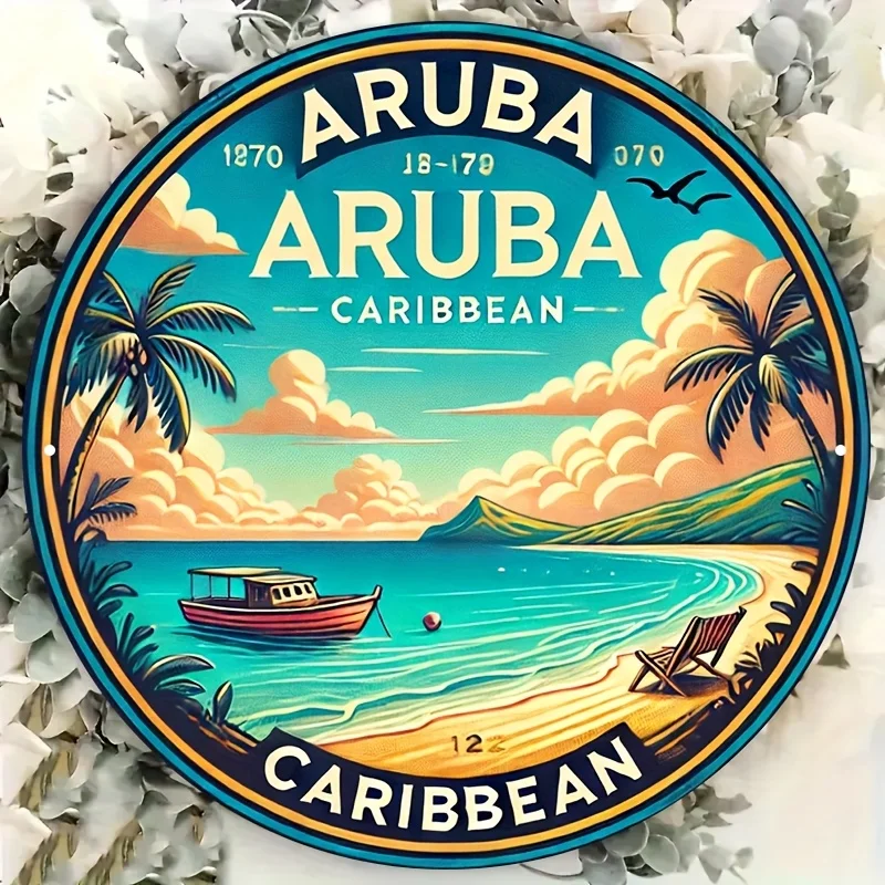 1pc Vintage Aruba Caribbean Metal Sign, Round Tropical Beach Scene Wall Art with Palm Trees, Sailboat & Sunset - Ideal for Bars