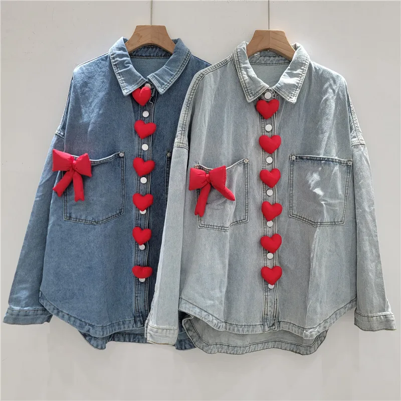 

3D Love Decorative Versatile Temperament Retro Washed Denim Shirt Women's Loose Long-sleeved Jacket Vintage Denim Jacket Women