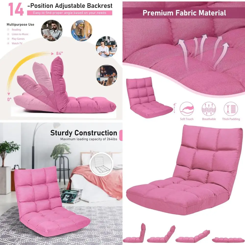 Pink Ergonomic Gaming Chair with Resilience Sponge, Steel Frame, Padded Bed Couch Recliner for Back Support and Reading/Meditati