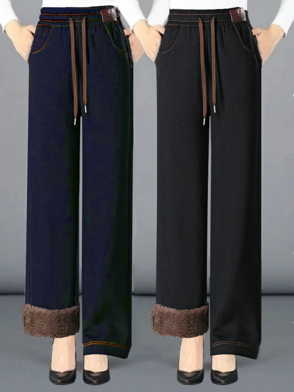 

Thickened High Waist Elastic Faux Denim Wide Leg Pants Autumn Winter Women's Casual Straight Warm Trousers Retro Style Polyes...